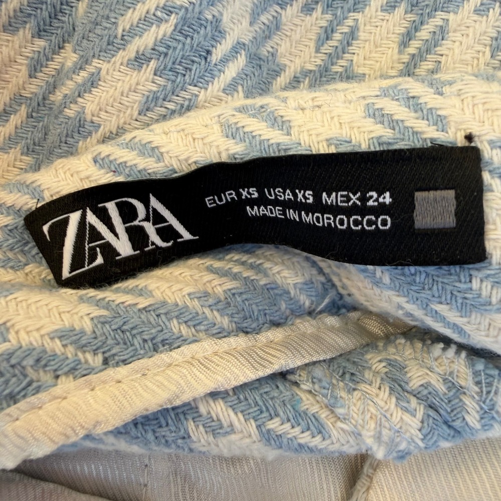 Zara Blue White Houndstooth High Waisted Shorts Gold Button XS - Picture 4 of 5